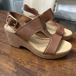 Clarks Tan Leather Wedge Sandals